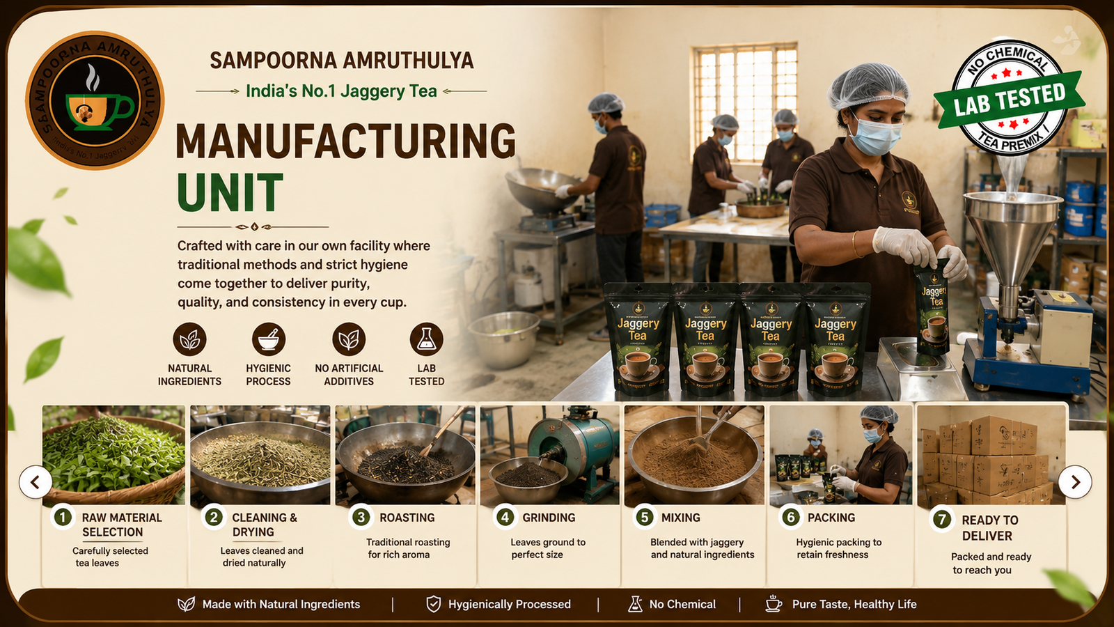 Sampoorna Amruttulya manufacturing unit — lab tested jaggery tea premix
